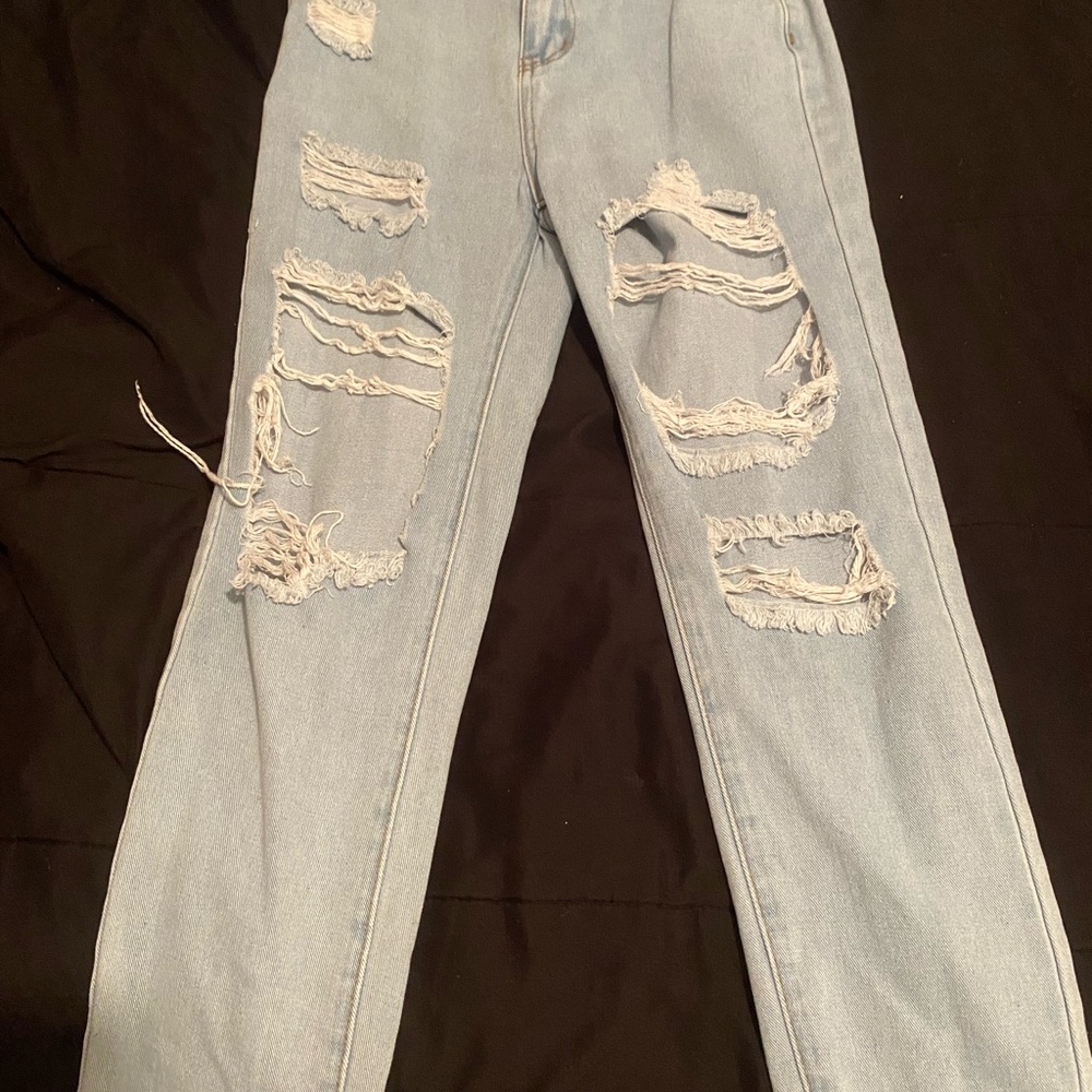 SHEIN Blue Straight Leg Distressed Jeans